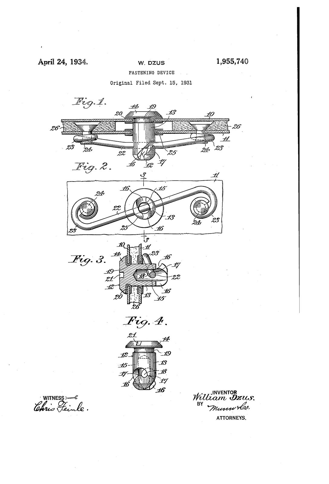 Historical Dzus fastening-device patent drawing showing a stud, spring element and panel engagement; technical reference, not an exact Southco 82-12-120-16 drawing.