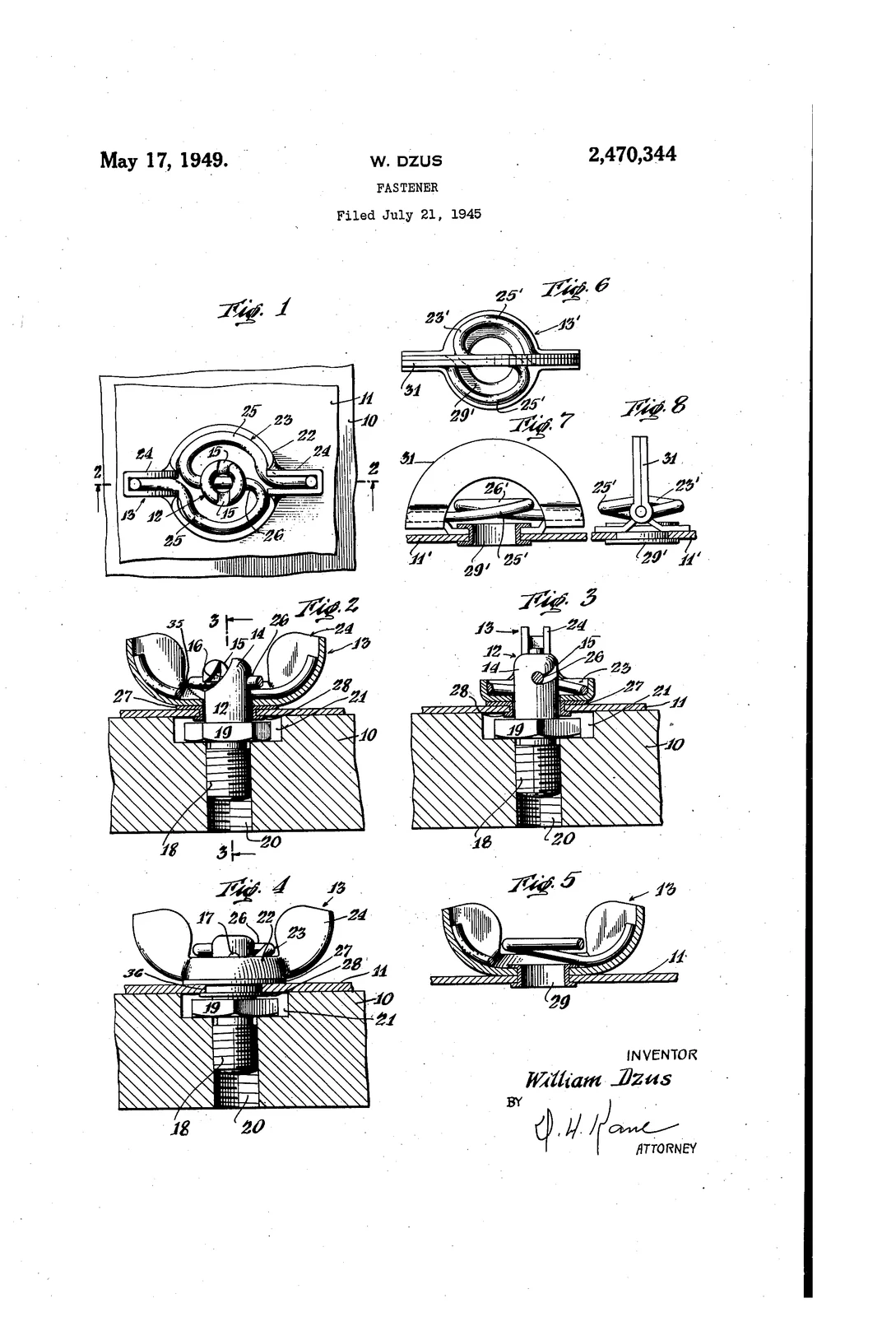 Historical Dzus fastener patent drawing showing spring and stud arrangements; technical reference, not an exact Southco 82-35-302-15 drawing.